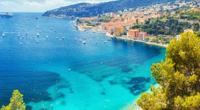 Nice, Cote d'Azure, South coast of France, Europe. View on town Nice coastline, luxury summer resort in France.