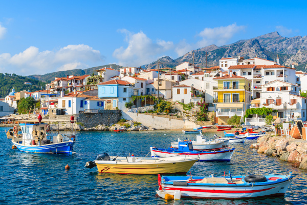 Colorful fishing boats in Kokkari port, Samos island, Greece