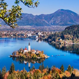 Bled, Slovenia - Panoramic aerial view of Lake Bled with Church of the Assumption of Maria, traditional Pletna boats at autumn background