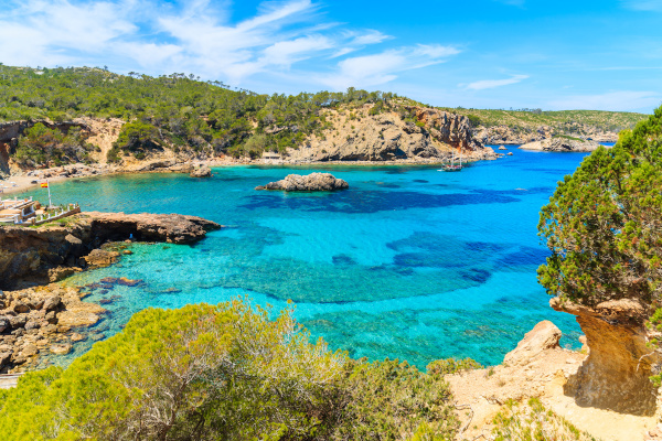 Amazing view of Cala Xarraca bay with azure sea water on northern coast of Ibiza island, Spain